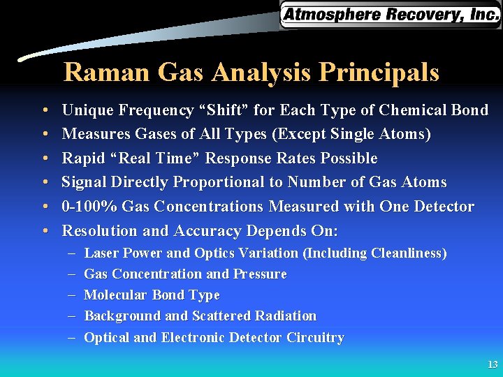 Raman Gas Analysis Principals • • • Unique Frequency “Shift” for Each Type of