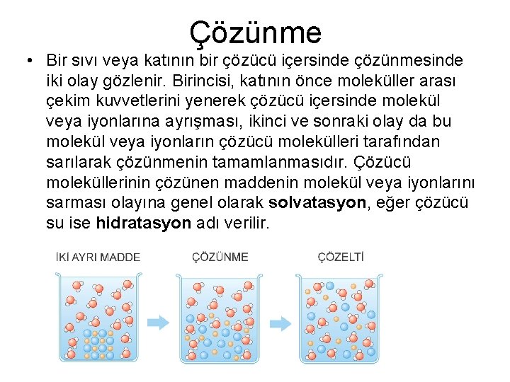 Çözünme • Bir sıvı veya katının bir çözücü içersinde çözünmesinde iki olay gözlenir. Birincisi,