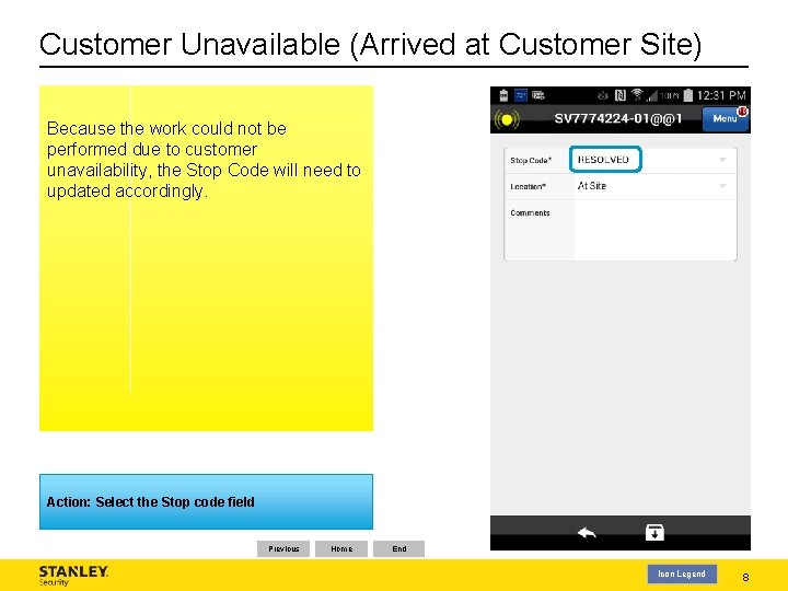 Customer Unavailable (Arrived at Customer Site) Because the work could not be performed due