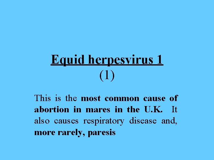 Equid herpesvirus 1 (1) This is the most common cause of abortion in mares