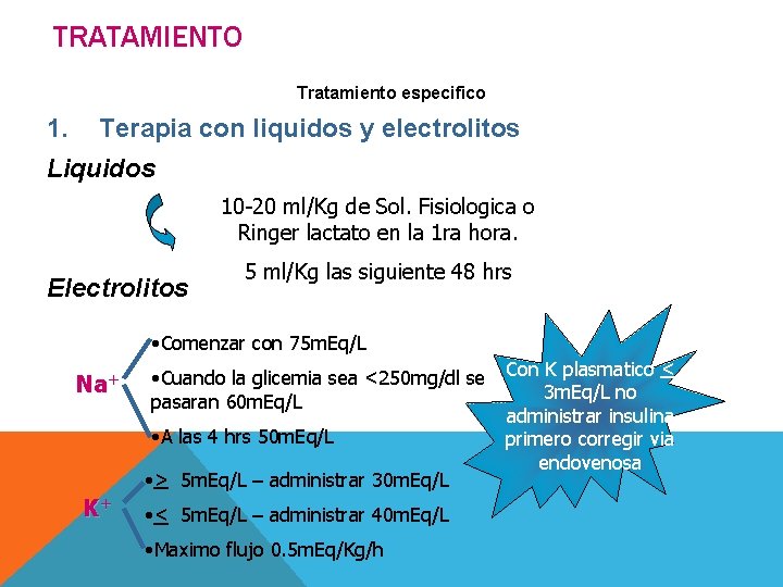 TRATAMIENTO Tratamiento especifico 1. Terapia con liquidos y electrolitos Liquidos 10 -20 ml/Kg de