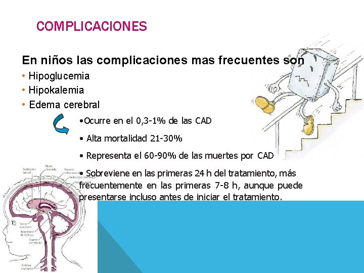 COMPLICACIONES En niños las complicaciones mas frecuentes son • Hipoglucemia • Hipokalemia • Edema
