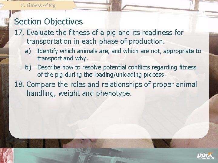 5. Fitness of Pig Section Objectives 17. Evaluate the fitness of a pig and