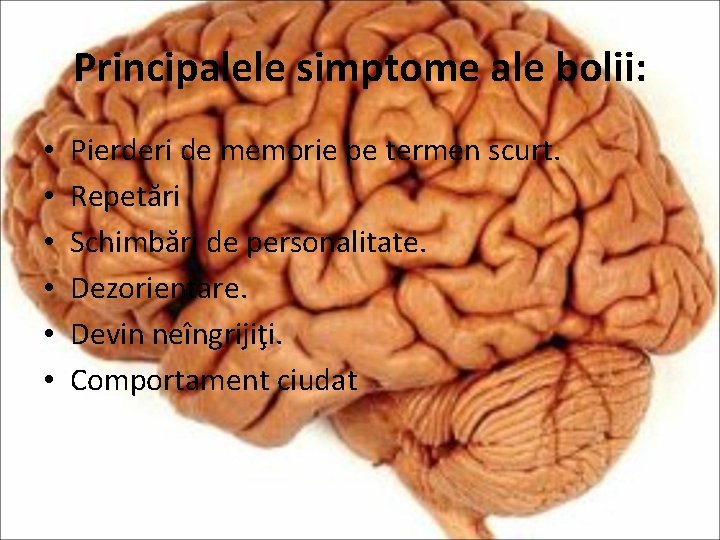 Principalele simptome ale bolii: • • • Pierderi de memorie pe termen scurt. Repetări