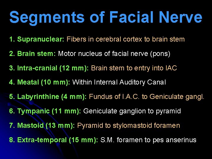 Segments of Facial Nerve 1. Supranuclear: Fibers in cerebral cortex to brain stem 2.