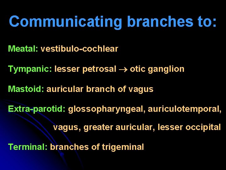 Communicating branches to: Meatal: vestibulo-cochlear Tympanic: lesser petrosal otic ganglion Mastoid: auricular branch of