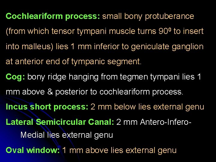 Cochleariform process: small bony protuberance (from which tensor tympani muscle turns 900 to insert