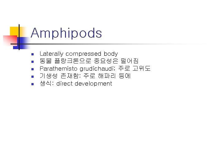 Amphipods n n n Laterally compressed body 동물 플랑크톤으로 중요성은 떨어짐 Parathemisto grudichaudi; 주로
