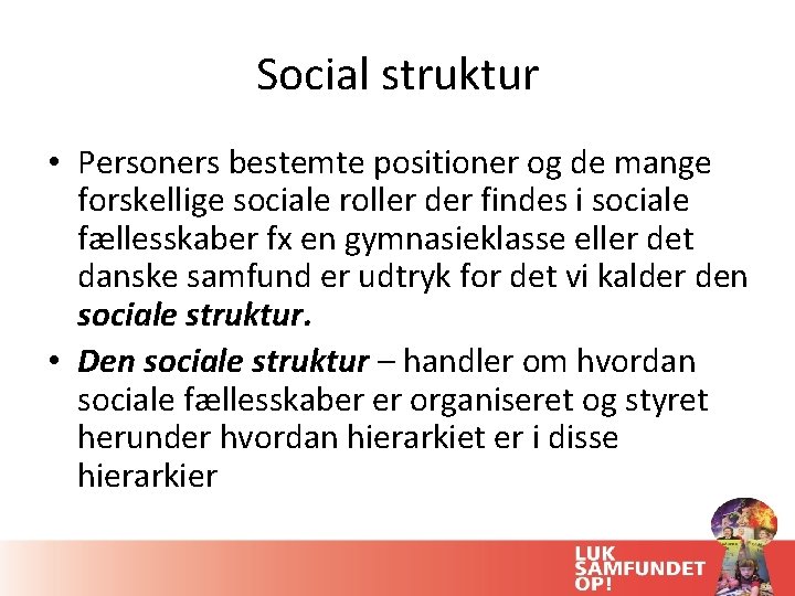 Social struktur • Personers bestemte positioner og de mange forskellige sociale roller der findes