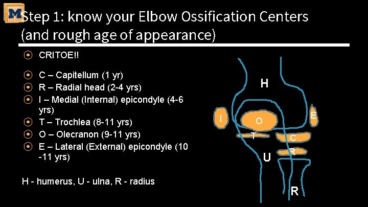 Step 1: know your Elbow Ossification Centers (and rough age of appearance) ⦿ CRITOE!!