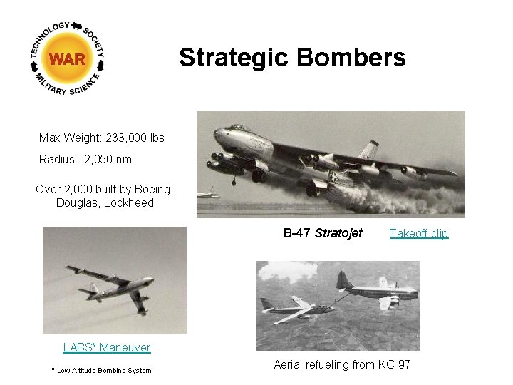 Strategic Bombers Max Weight: 233, 000 lbs Radius: 2, 050 nm Over 2, 000