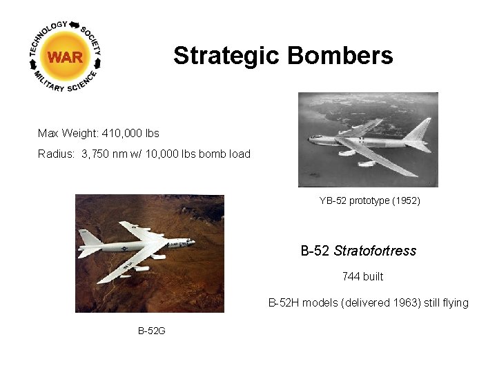 Strategic Bombers Max Weight: 410, 000 lbs Radius: 3, 750 nm w/ 10, 000