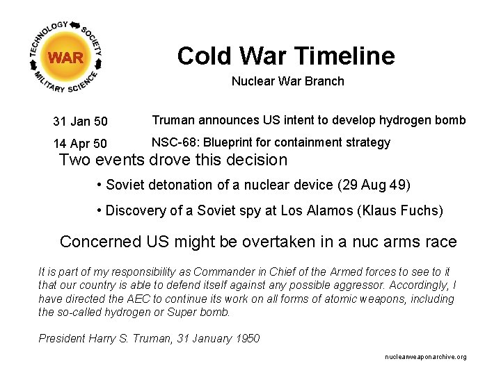 Cold War Timeline Nuclear War Branch 31 Jan 50 Truman announces US intent to