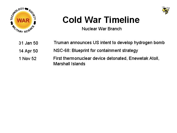 Cold War Timeline Nuclear War Branch 31 Jan 50 Truman announces US intent to