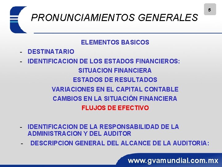 PRONUNCIAMIENTOS GENERALES 5 ELEMENTOS BASICOS - DESTINATARIO - IDENTIFICACION DE LOS ESTADOS FINANCIEROS: SITUACION