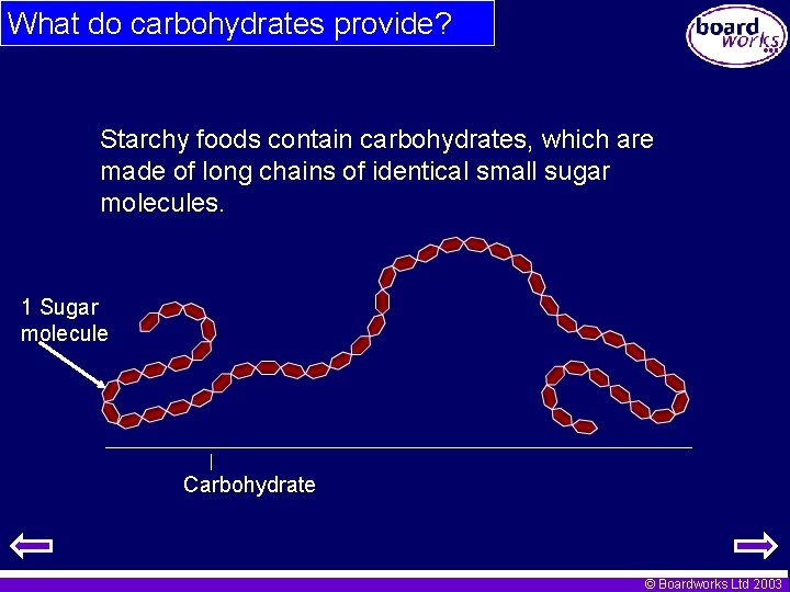 What do carbohydrates provide? Starchy foods contain carbohydrates, which are made of long chains