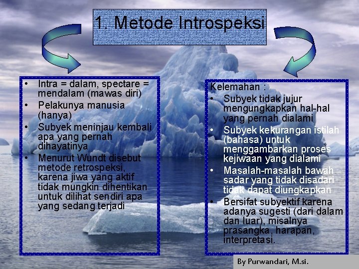 1. Metode Introspeksi • Intra = dalam, spectare = mendalam (mawas diri) • Pelakunya