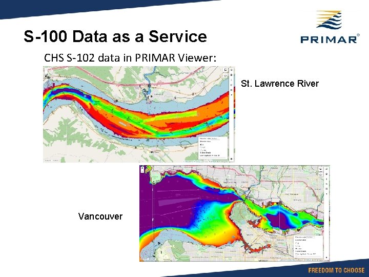 S-100 Data as a Service CHS S-102 data in PRIMAR Viewer: St. Lawrence River