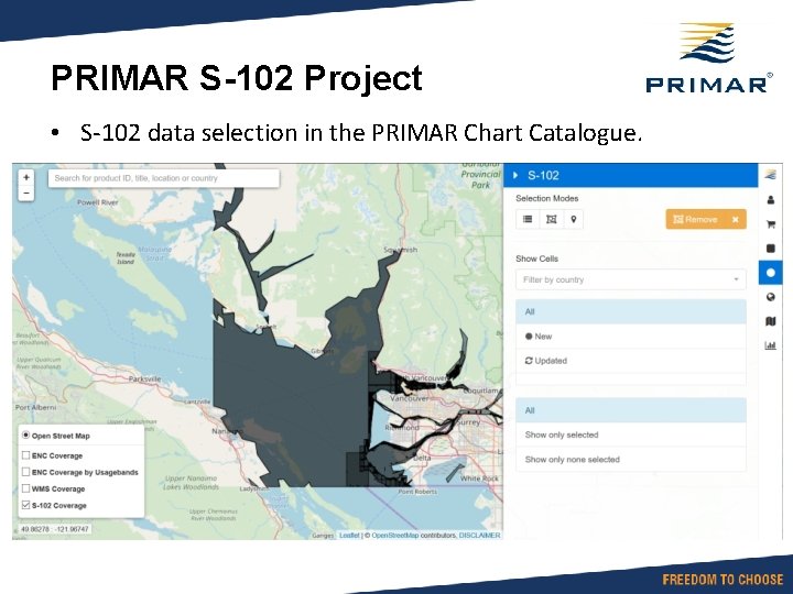PRIMAR S-102 Project • S-102 data selection in the PRIMAR Chart Catalogue. 