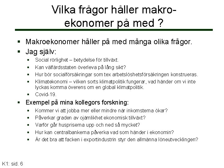 Vilka frågor håller makroekonomer på med ? Makroekonomer håller på med många olika frågor.