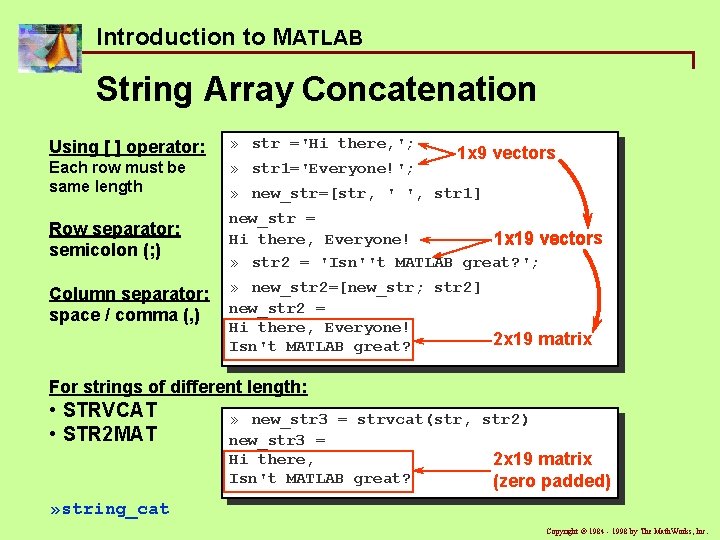 Introduction to MATLAB String Array Concatenation Using [ ] operator: » str ='Hi there,