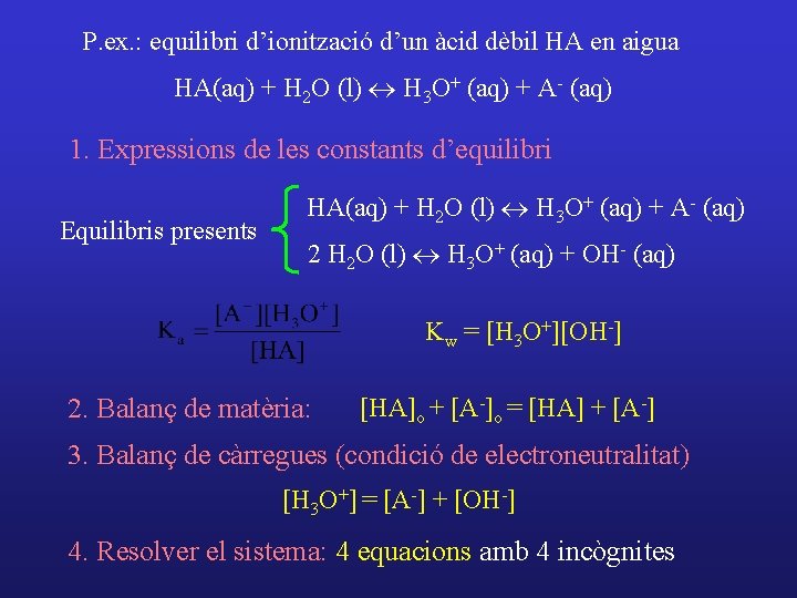 P. ex. : equilibri d’ionització d’un àcid dèbil HA en aigua HA(aq) + H