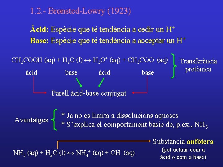 1. 2. - Brønsted-Lowry (1923) Àcid: Espècie que té tendència a cedir un H+
