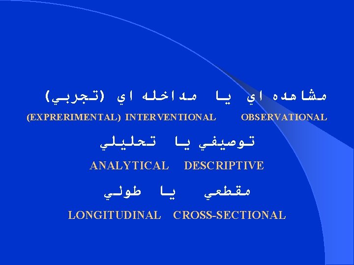 ( ﺍﻱ )ﺗﺠﺮﺑﻲ ﻣﺪﺍﺧﻠﻪ ﻳﺎ ﺍﻱ ﻣﺸﺎﻫﺪﻩ (EXPRERIMENTAL) INTERVENTIONAL OBSERVATIONAL ﺗﺤﻠﻴﻠﻲ ﻳﺎ ﺗﻮﺻﻴﻔﻲ ANALYTICAL