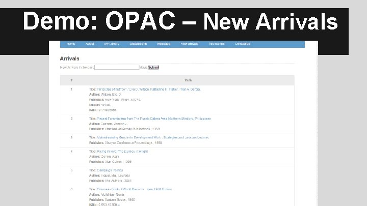 Demo: OPAC – New Arrivals 