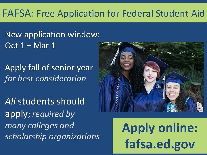 FAFSA: Free Application for Federal Student Aid New application window: Oct 1 – Mar