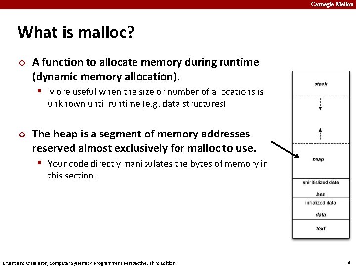 Carnegie Mellon What is malloc? ¢ A function to allocate memory during runtime (dynamic
