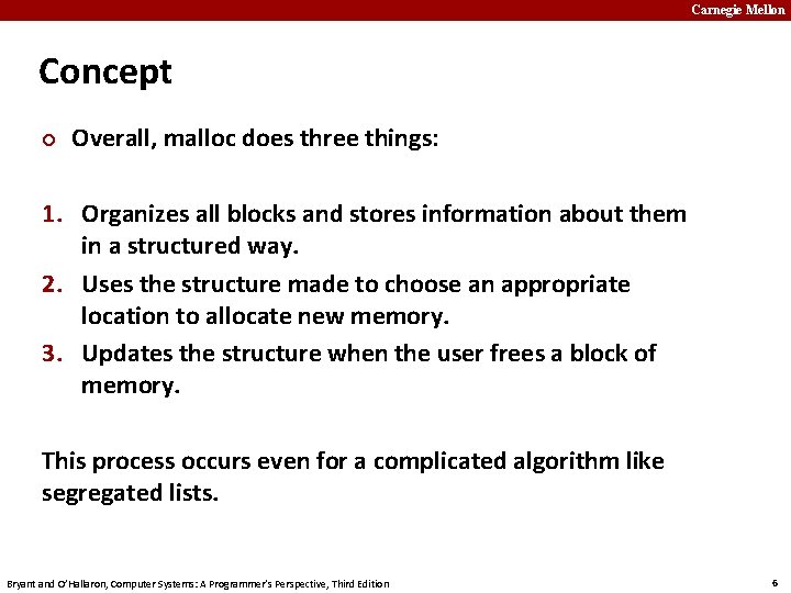 Carnegie Mellon Concept ¢ Overall, malloc does three things: 1. Organizes all blocks and