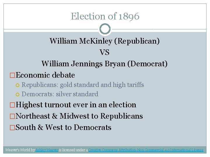 Election of 1896 William Mc. Kinley (Republican) VS William Jennings Bryan (Democrat) �Economic debate