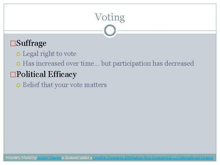 Voting �Suffrage Legal right to vote Has increased over time… but participation has decreased