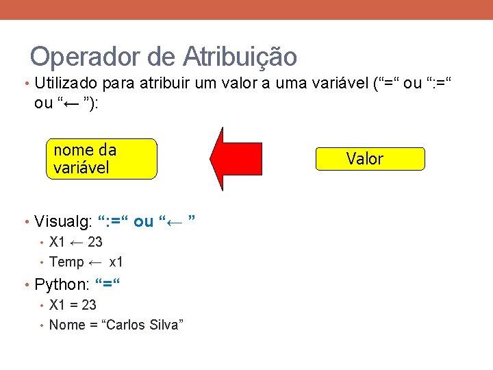 Operador de Atribuição • Utilizado para atribuir um valor a uma variável (“=“ ou