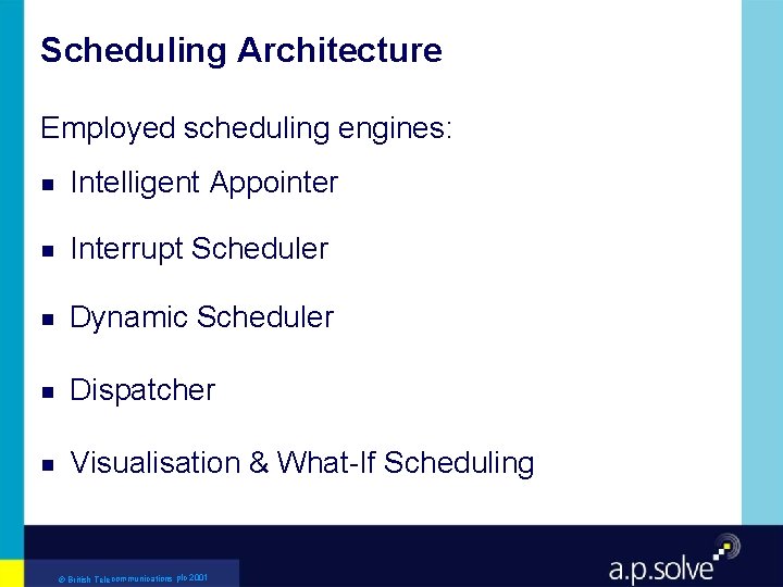 Scheduling Architecture Employed scheduling engines: g Intelligent Appointer g Interrupt Scheduler g Dynamic Scheduler