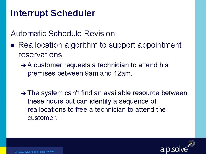 Interrupt Scheduler Automatic Schedule Revision: g Reallocation algorithm to support appointment reservations. èA customer