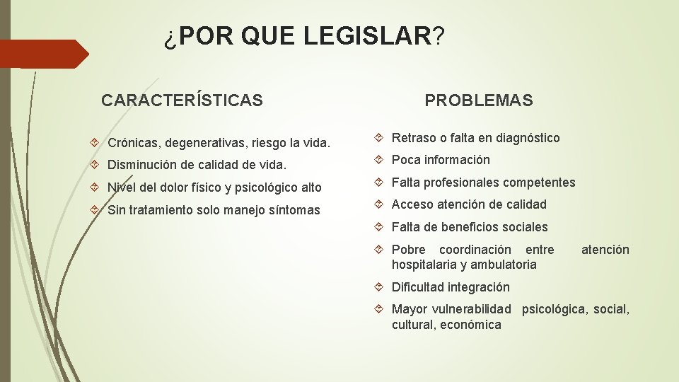¿POR QUE LEGISLAR? CARACTERÍSTICAS PROBLEMAS Crónicas, degenerativas, riesgo la vida. Retraso o falta en