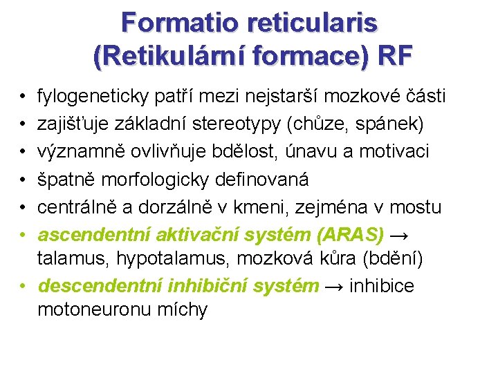 Formatio reticularis (Retikulární formace) RF • • • fylogeneticky patří mezi nejstarší mozkové části