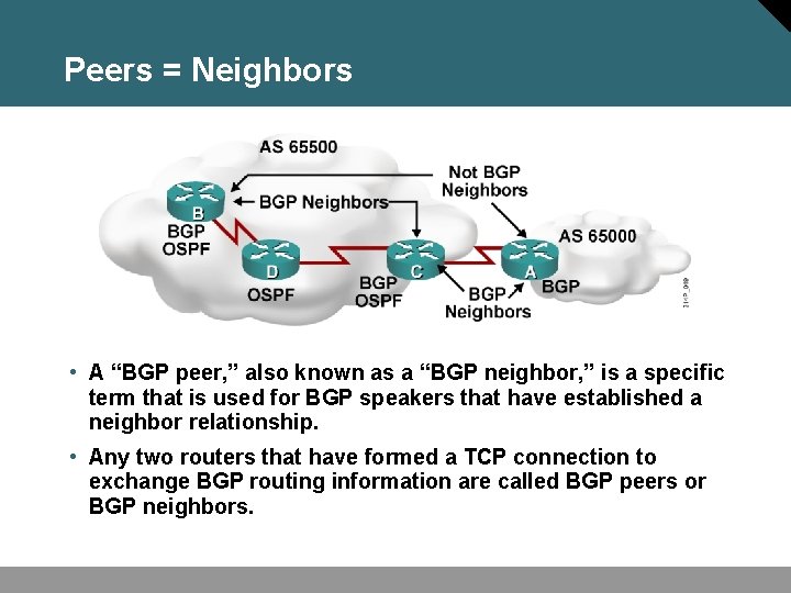 Peers = Neighbors • A “BGP peer, ” also known as a “BGP neighbor,