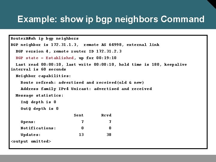 Example: show ip bgp neighbors Command Router. A#sh ip bgp neighbors BGP neighbor is