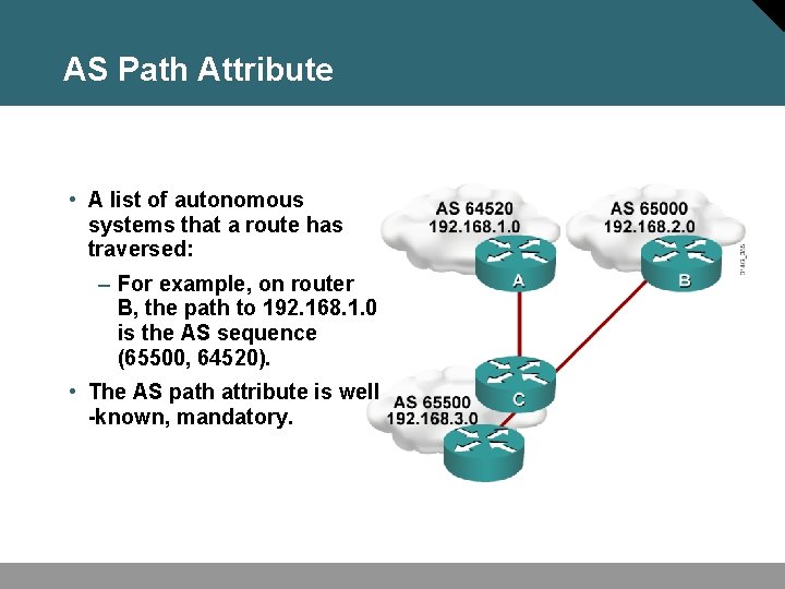 AS Path Attribute • A list of autonomous systems that a route has traversed: