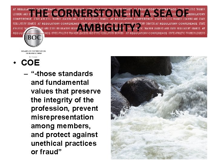 THE CORNERSTONE IN A SEA OF AMBIGUITY? • COE – “-those standards and fundamental