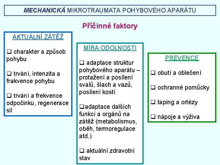 MECHANICKÁ MIKROTRAUMATA POHYBOVÉHO APARÁTU Příčinné faktory AKTUÁLNÍ ZÁTĚŽ q charakter a způsob pohybu q