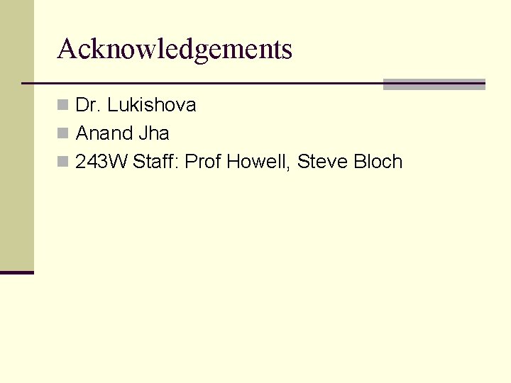 Acknowledgements n Dr. Lukishova n Anand Jha n 243 W Staff: Prof Howell, Steve