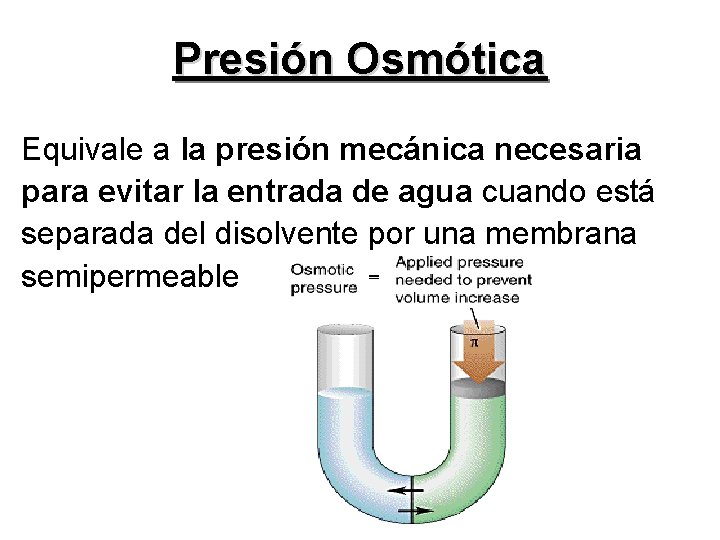 Presión Osmótica Equivale a la presión mecánica necesaria para evitar la entrada de agua