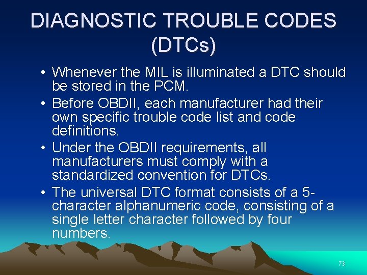 DIAGNOSTIC TROUBLE CODES (DTCs) • Whenever the MIL is illuminated a DTC should be