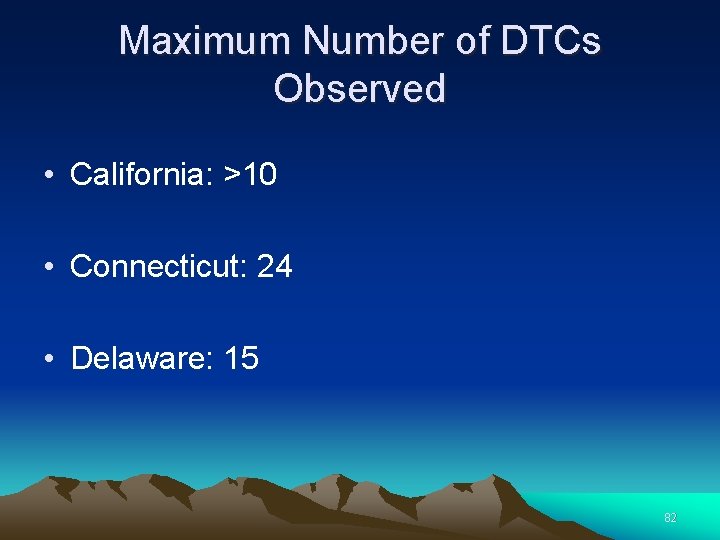 Maximum Number of DTCs Observed • California: >10 • Connecticut: 24 • Delaware: 15