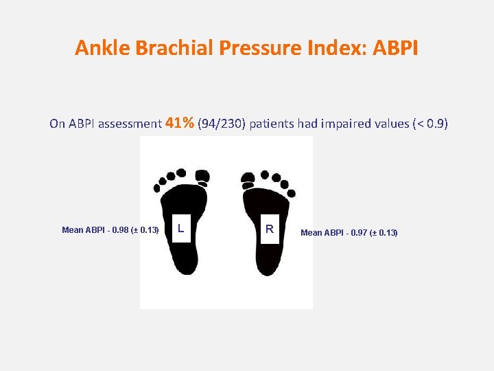 Ankle Brachial Pressure Index: ABPI On ABPI assessment 41% (94/230) patients had impaired values