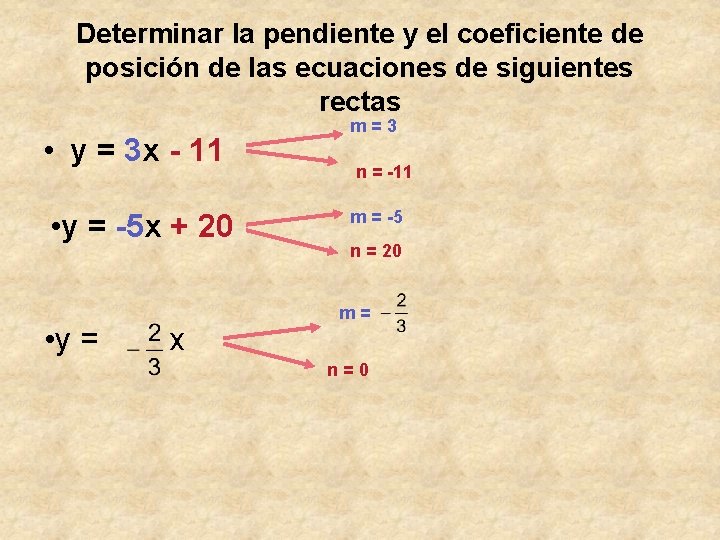 Determinar la pendiente y el coeficiente de posición de las ecuaciones de siguientes rectas